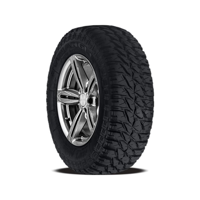 Triangle Grip X TR281 LT245/75R16E 120Q tire with reinforced casing and wide open mud-terrain tread grooves for traction on mud, gravel, sand, and snow, mounted on a silver alloy wheel, designed for off-road toughness and balanced on-road use.
