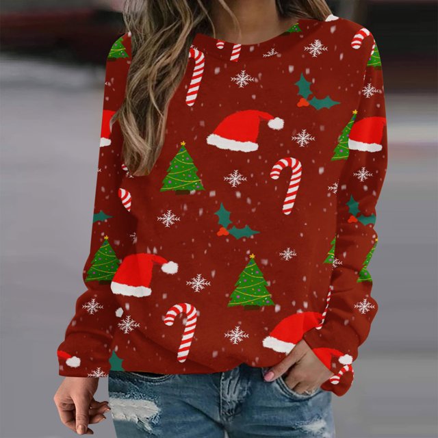Costumes de Noël en Solde Mode Femmes Imprimé Manches Confortable Respirant Chandail en Molleton Col Rond Grande Taille pour Femmes