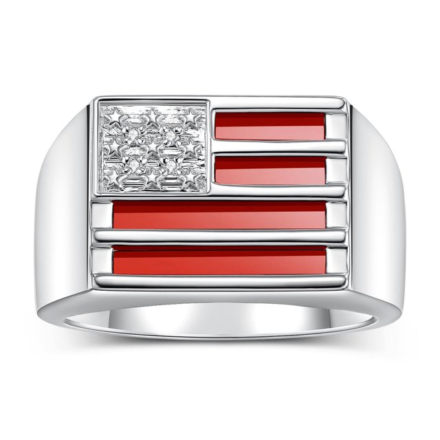 RYLOS Men's Rings 14K White Gold USA Flag Designer Ring With Diamonds and Red Quartz Rings For Men Designer Patriotic Jewelry Size 9