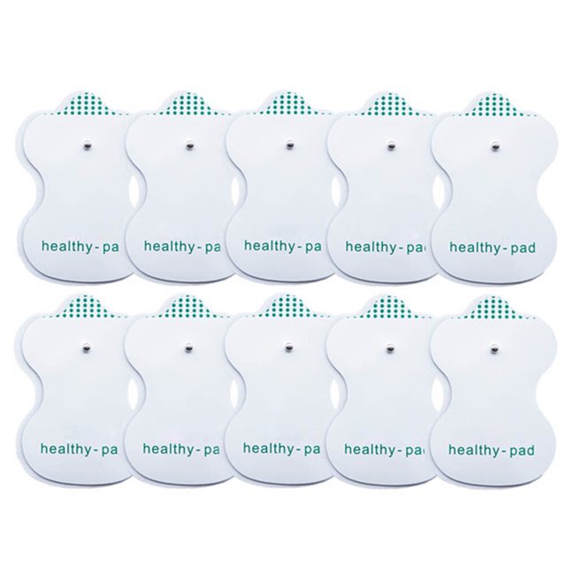 Adhesive replacement electrode pads for TENS units, designed for muscle stimulators and digital TENS machines. The image shows 10 white, non-woven pads with a contoured shape, each labeled 'healthy-pad' and featuring a metal connector at the center. These self-adhesive, reusable pads are suitable for medium-frequency electronic physiotherapy machines, promoting blood circulation and reducing fatigue. Pack includes 5 pairs of pads.