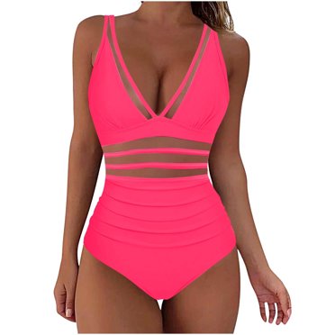 baikeli Women One Piece Swimsuit V Neck Tummy Control Swimwear Patchwork Solid Bathing Suit Full Coverage High Waisted Stretchy Swim Suit Beachwear Pink,XL
