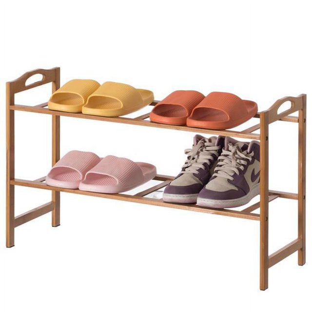 Basicwise QI004330.2 Bamboo Storage Shoe Rack, Free Standing Shoe Organizer Storage Rack, 2 Tier
