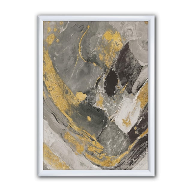 Designart Marble Gold and Black II Framed Wall Art showing abstract gold, black, gray, and white marble patterns on premium cotton canvas, mounted in a white 1.5-inch frame with included hanging kit, suitable for modern home décor.