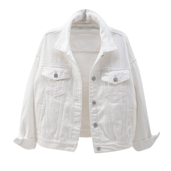 HANXIULIN Womens Solid Color Denim Jacket Relaxed Fit Casual Jean Trucker Jacket Button Coat White L
