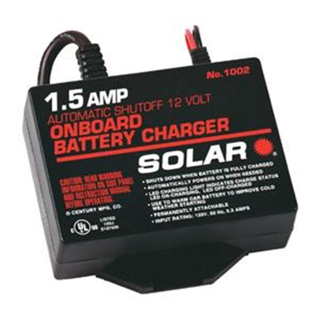 SOLAR SOL1002 Chargeur de Batterie pour Marine-Trickle avec Chargement Intégré et Fonctionnement Automatique, Logé dans un Boîtier en Plastique Multicolore Résistant aux Intempéries. Comprend Arrêt Automatique de 1,5 AMP, Indicateurs DEL pour l'État de charge, et Trousse d'Accessoires pour Batterie. Convient aux batteries de Voiture et à l'Entretien Saisonnier des batteries.