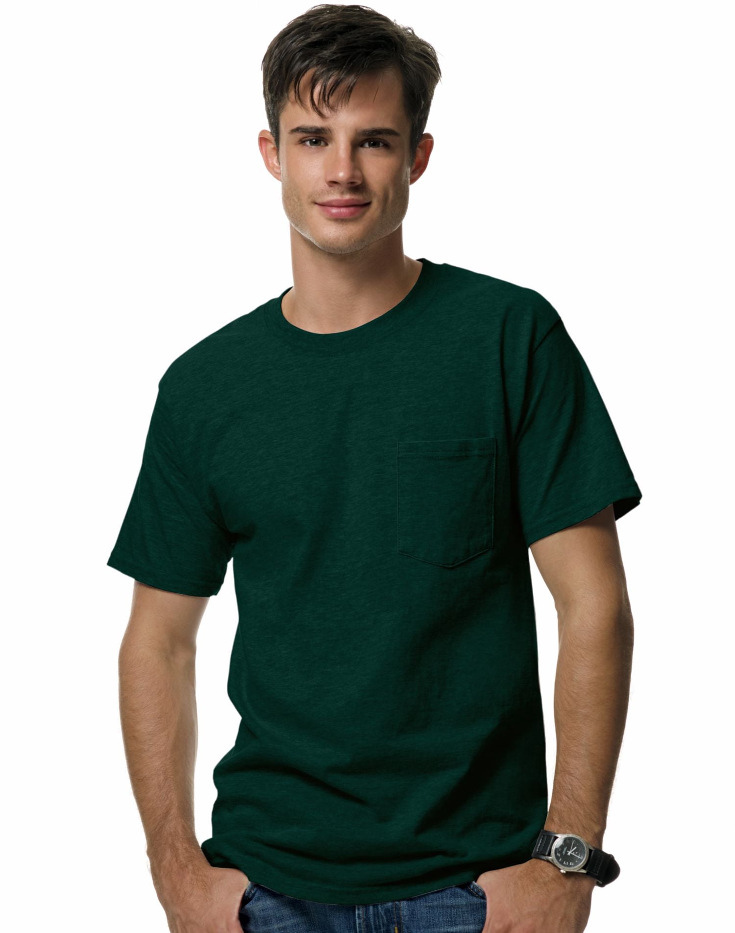 Hanes Beefy-T T-Shirt à Poche pour Hommes, 3TG, Vert Forêt Profond