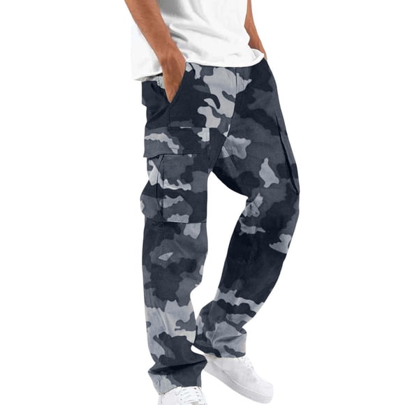 Lovzfmll Men's Camo Cargo Pants, Casual Trousers with Drawstring Waist & Pockets, Straight Leg Full Length Pants Relaxed Fit