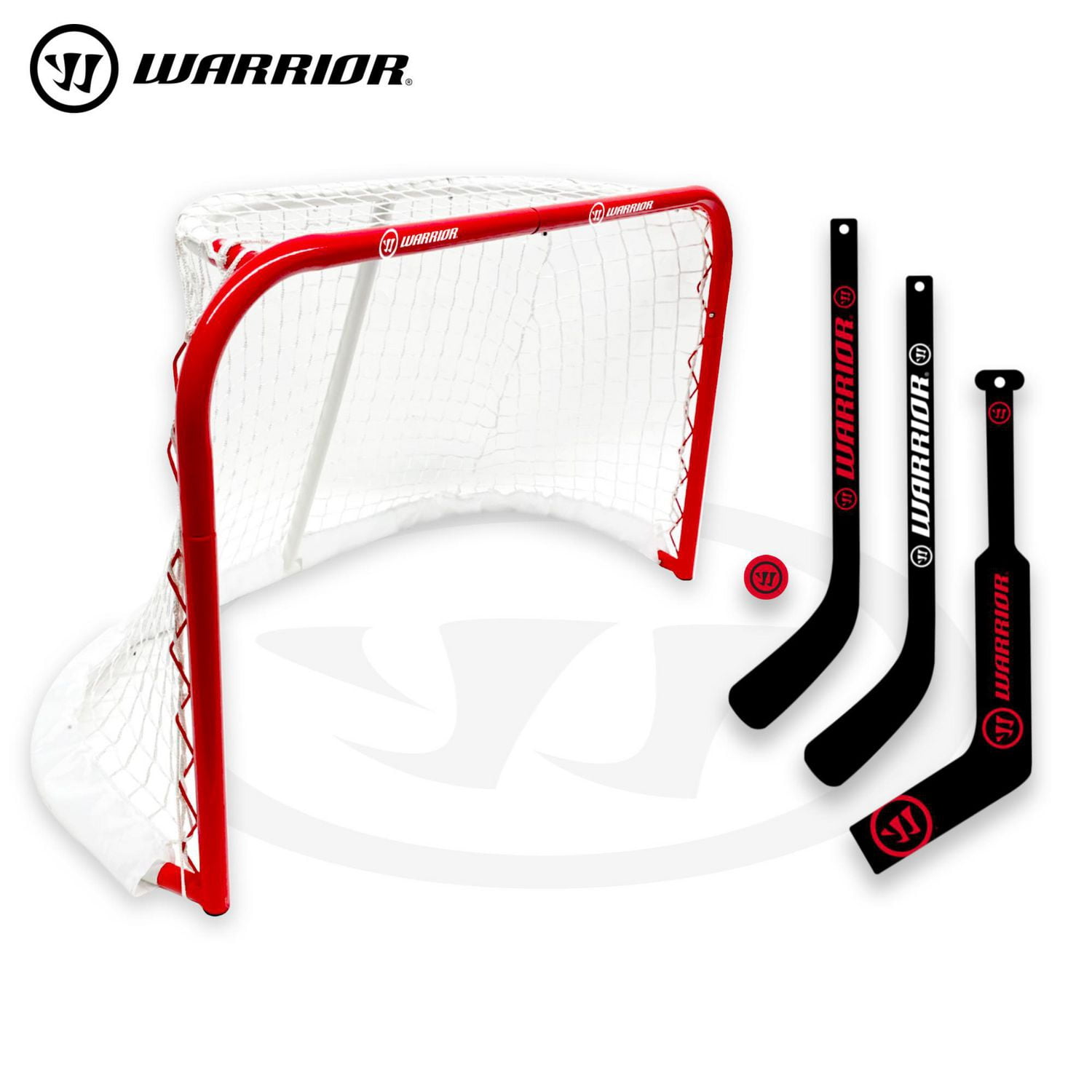 Ensemble combo de mini but de hockey Warrior 31" Pro-Style - Filet en métal de 31", 2 mini bâtons de joueur, 1 mini bâton de gardien et 1 mini balle de hockey