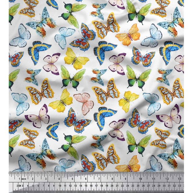 Soimoi White Poly Georgette Fabric Colorful Butterfly Print Sewing Fabric Yard 52 Inch Wide