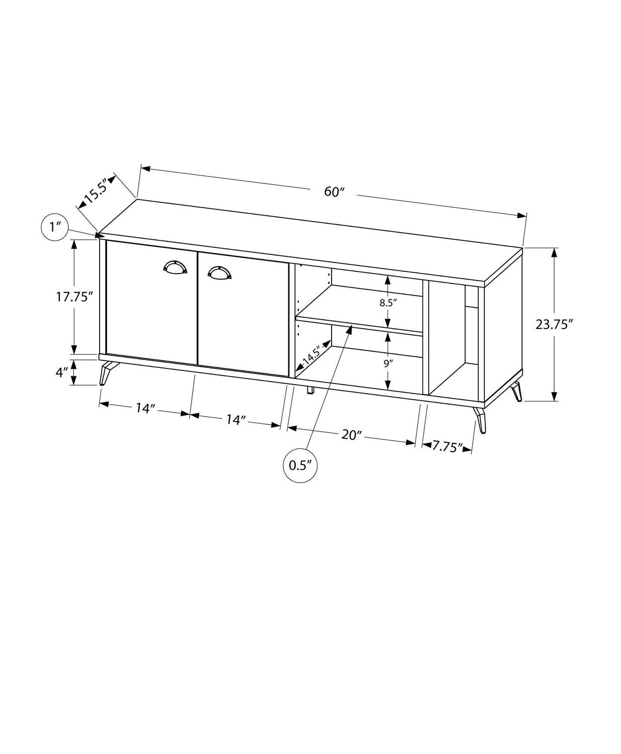 Monarch Specialties Tv Stand, 60 Inch, Console, Media Entertainment Center, Storage Cabinet, Living Room, Bedroom, Laminate, Metal, Grey, White, Contemporary, Modern