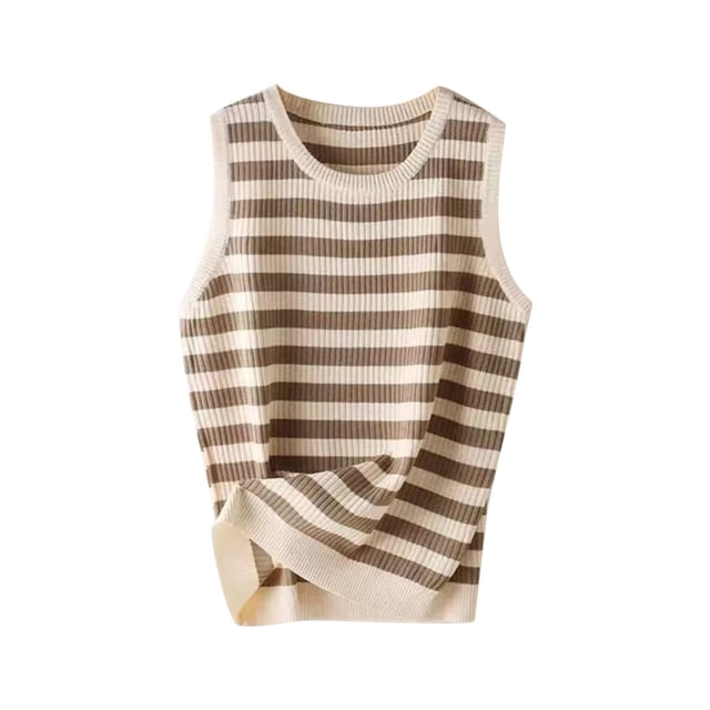 Lenpel Women's Plus Size Tank Tops Striped Crew Neck Sleeveless Ribbed Knit Lightweight Sweaters Summer Casual Blouses