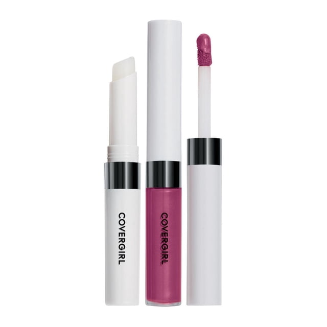 COVERGIRL Outlast All-Day Lipcolour showing a white moisturizing topcoat stick, a pink long-lasting lip color tube with black band and COVERGIRL logo, and a white applicator wand with pink transfer-resistant lip color on the tip, all on a white background, suitable for vibrant, all-day wear.