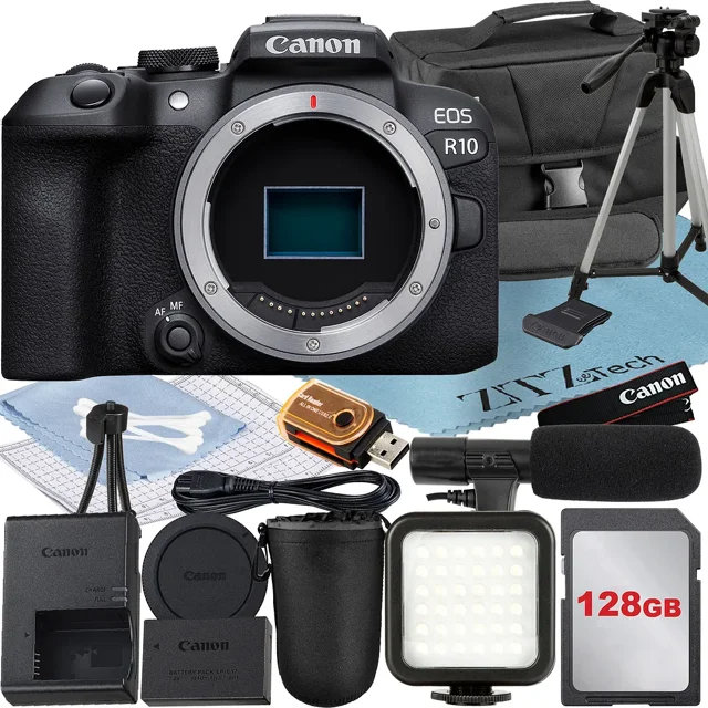 Canon EOS R10 Appareil Photo Sans Miroir (Boîtier) avec Carte Mémoire 128 Go + Étui + Flash LED + Ensemble d'Accessoires ZeeTech