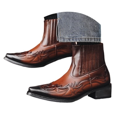 Mepaouo Men's Leather Cowboy Boots Western Motorcycle Riding Ankle Booties Pointy Toe Dress Work Oxfords