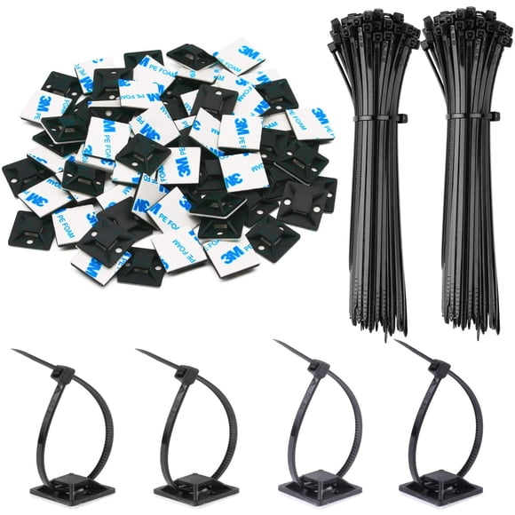 LAICAIW Lot de 140 Supports Adhésifs pour Attaches à Glissière, Auto-Adhésifs, Supports de Base pour Attaches de Câble 3 m avec Pinces à Fil Polyvalentes pour Attaches avec Trou pour Vis, Support d'Ancrage à Coller pour Fil, Noir