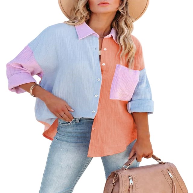 MesaSe Blouse pour Femmes Couture Contrastée Manches Longues Col à Revers Fermeture à Boutons Chemise Décontractée Ample Polyvalente