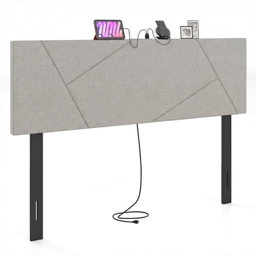 Costway Headboard for Queen&Full Size Bed,Geometric Upholstered Head Board with 2AC Outlets Gray