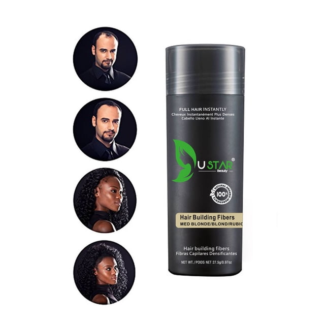 USTAR Fibres de Développement Capillaire Blond Moyen.97oz, un Produit de Fibres Capillaires à Base de Kératine Naturelle dans un Contenant Noir avec un Capuchon transparent. Il Offre une solution Instantanée pour Cheveux Clairsemés, Créant une Apparence Plus Fournie. l'Image Comprend des Exemples de Personnes avant et après avec Différents types de Cheveux, Mettant en Valeur la Capacité du Produit à Se Mélanger Sans Couture et à Résister au Vent, à la Pluie et à la Transpiration.