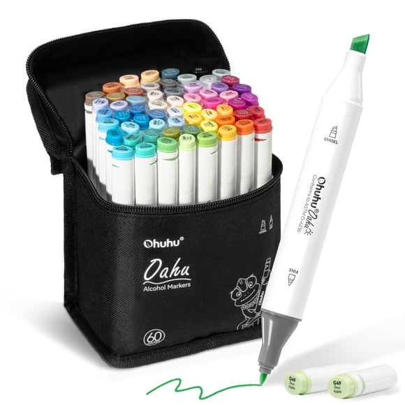 Ohuhu Alcohol Markers - Double Tipped Art Marker Set for Artist Adults' Coloring Sketching Illustration - 60 Colors - Chisel & Fine Dual Tips- Oahu S