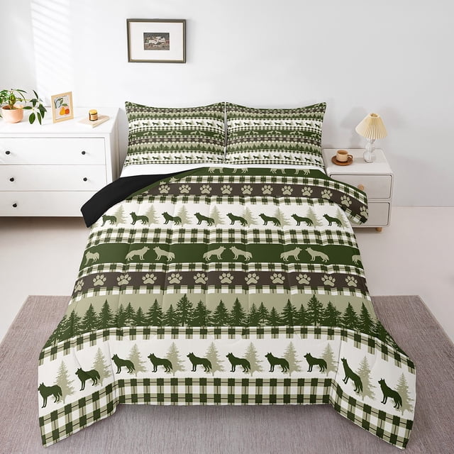 Wolf Wild Animal Comforter Set Full,Geometric Bear Paw Print Down Comforter,Botanical Pine Tree Woodland Bedding Set Lightweight,Rustic Checkered Buffalo Plaid Soft Cozy Duvet Insert,Reversible