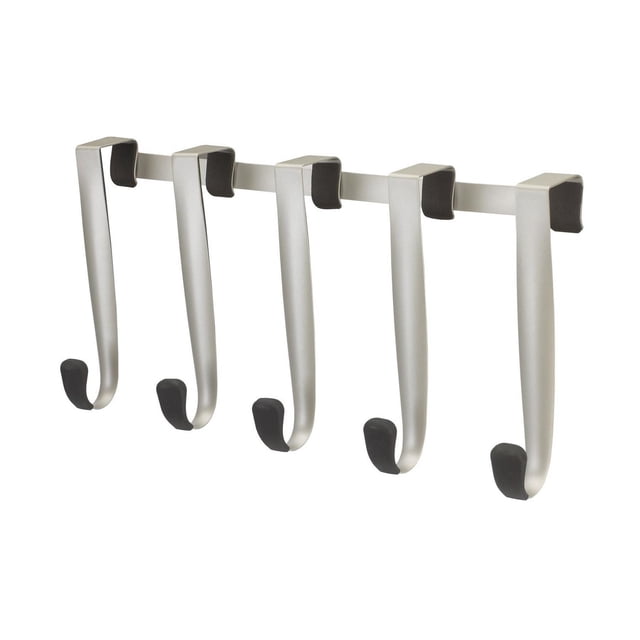 Schnook Over The Door 5 Hook Black/Nickel by Umbra, a die cast metal over-the-door hook rack with five hooks featuring black rubber tips and a nickel finish, measuring 18 inches wide by 8 inches high, ideal for hanging robes, towels, bath accessories, or bags.