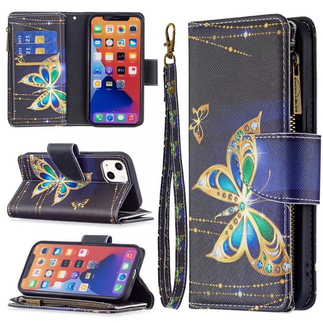 Compatible with 13 Detachable Magnet Zipper Wallet Leather Case Cash Pocket with Multiple Card Slots Holder Wrist Strap Removable Cover