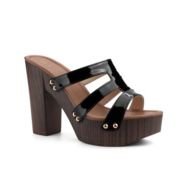 BLISSFUL STEP Platform Open Toe Chunky Heels Slides Sandals for Women Black (Size 8)