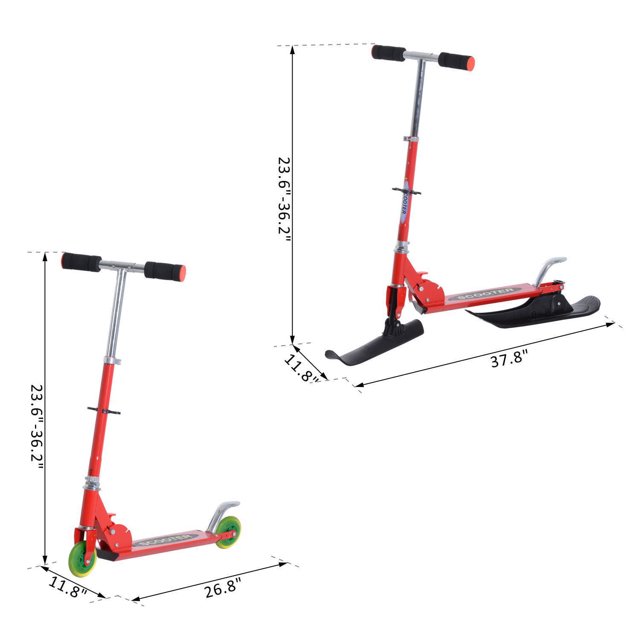 Qaba Snow & Street Amphibious Scooter designed for kids over 7 years old, featuring a 2-in-1 design for use as a traditional scooter or snow scooter. Made of durable aircraft-grade aluminum with adjustable handlebars and foldable T-tube for easy transport and storage. Includes inline-style PU wheels and snow blades for smooth mobility on snow, sand, grass, and other flat surfaces.