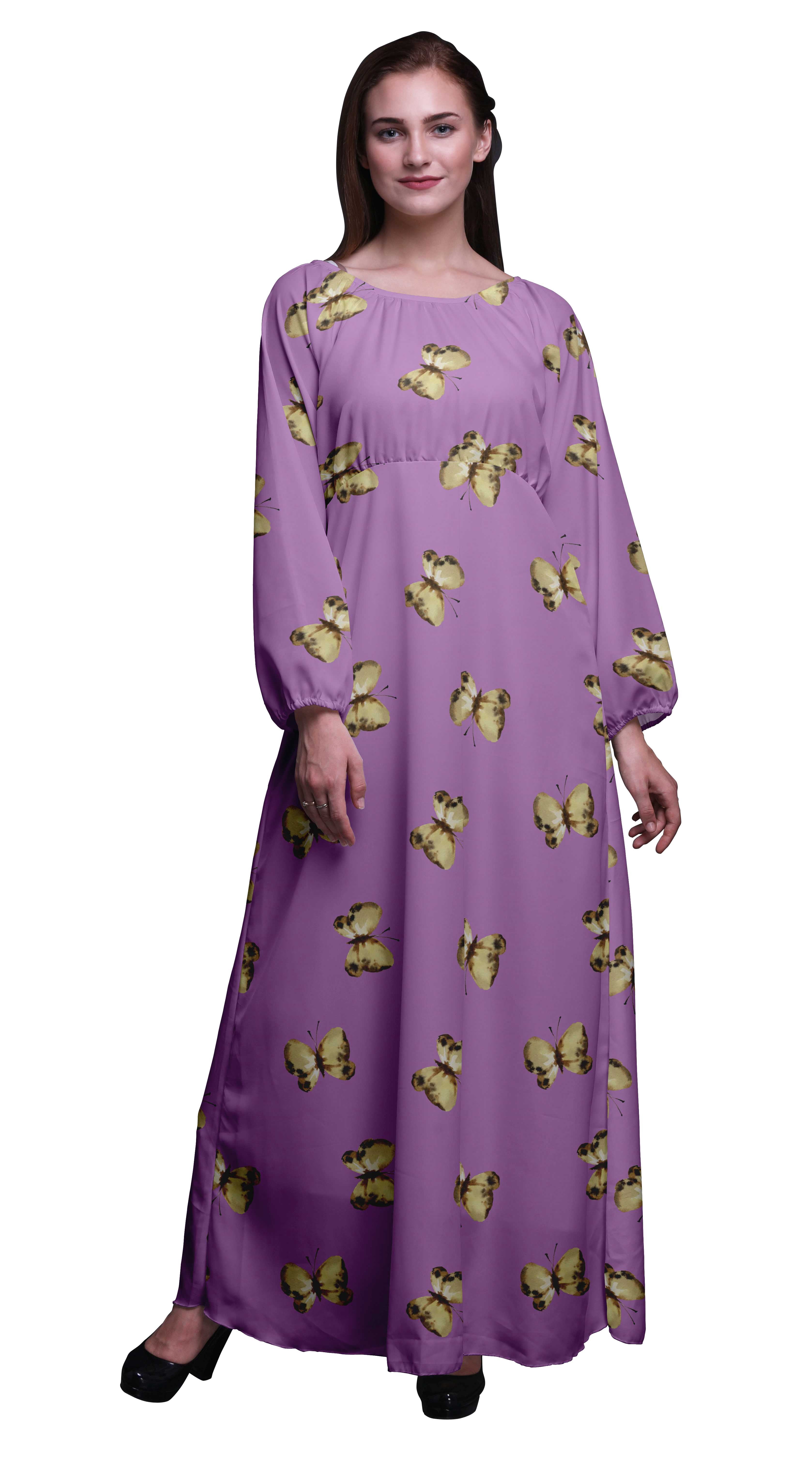 Bimba Robe Maxi à Manches Longues pour Femmes en Georgette Mousse avec Papillons et Papillons Imprimés, Taille Élastique - Très Petit