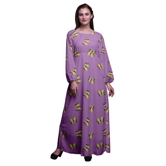 Bimba Robe Maxi à Manches Longues pour Femmes en Georgette Mousse avec Papillons et Papillons Imprimés, Taille Élastique - Très Petit