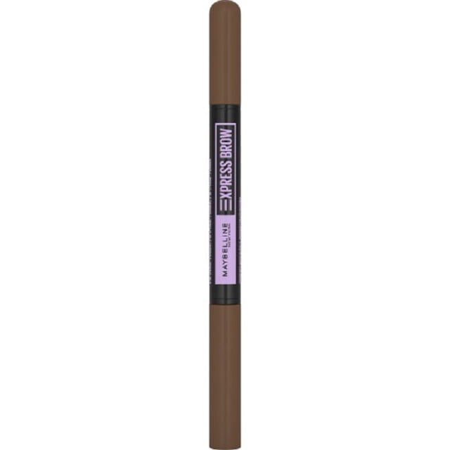 Maybelline Express Brow 2-In-1 Pencil + Powder in Medium Brown, dual-ended eyebrow powder and pencil with brown caps and black center featuring purple branding, designed with a teardrop tip for precise shaping and a powder sponge for natural, fuller brows.