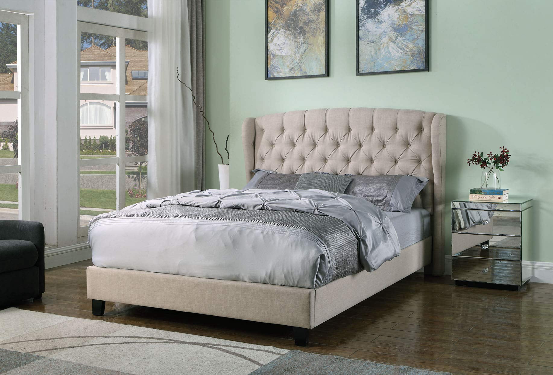Best Master Frances Solid Wood/Fabric Upholstery Queen Platform Bed - Beige