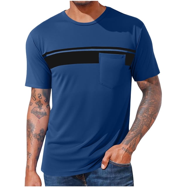 Men Oversized T Shirts Casual Loose Short Sleeve Crew Neck Tee Shirt Striped Color Block Tops with Pocket