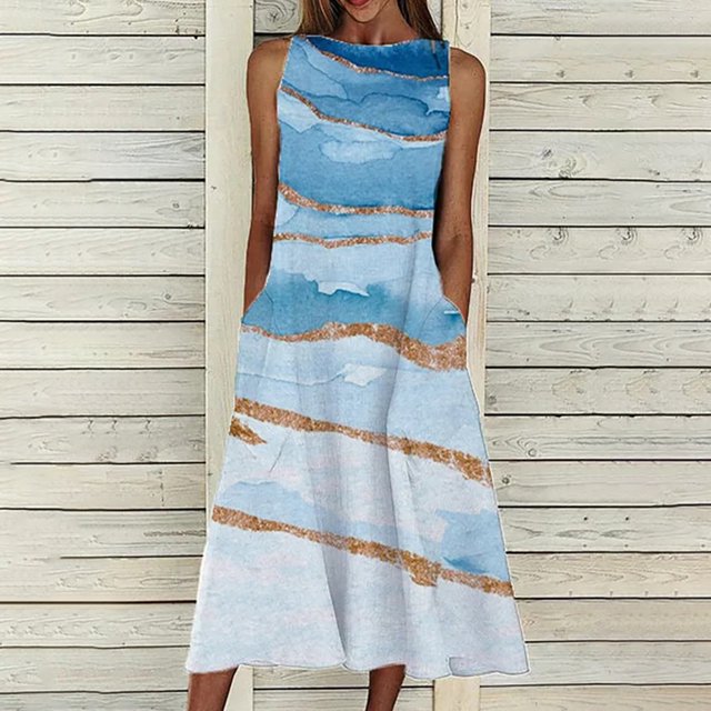HKEJIAOI Liquidation des Ventes Robe Fleurie pour Femmes Robe d'Anniversaire Femmes Sans Manches Col Rond Imprimé Poche Grande Taille Robe de Nuit Longue Robes Amples Robe Blanche