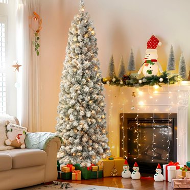 Alupssuc 9ft Prelit Snow Flocked Artificial Pencil Slim Christmas Tree with 460 Warm White Lights, 1250 Fully Snowed Branch Tips