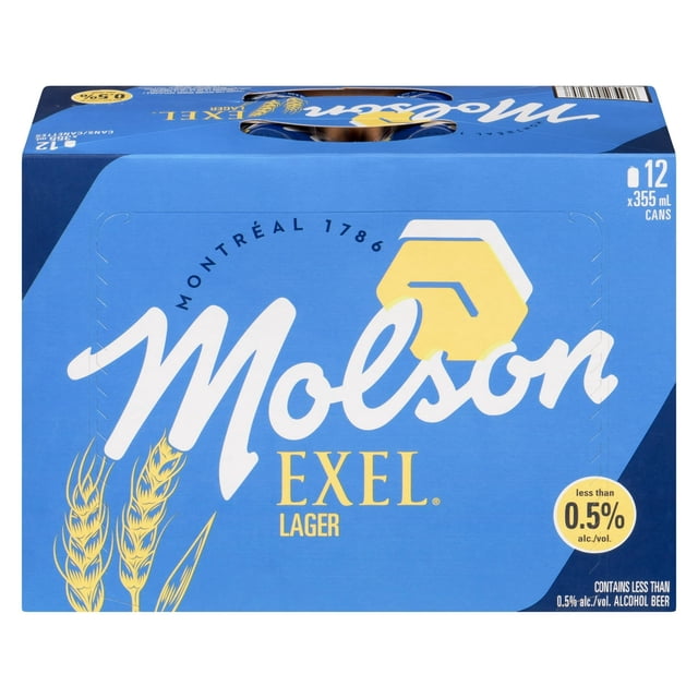 Molson Exel Bière Sans Alcool 0,5 % Lot de 12 Emballages en Carton Bleu Contenant des Canettes de 355 ml, Présentant le logo Molson Blanc, des Graphiques d'Orge Jaune et une Étiquette Indiquant Moins de 0,5 % d'Alcool par volume, Brassée en Petits Lots avec 100 % de malt d'Orge Canadian, Souvent Choisie comme option de Bière Sans Alcool au Goût Délicieux.