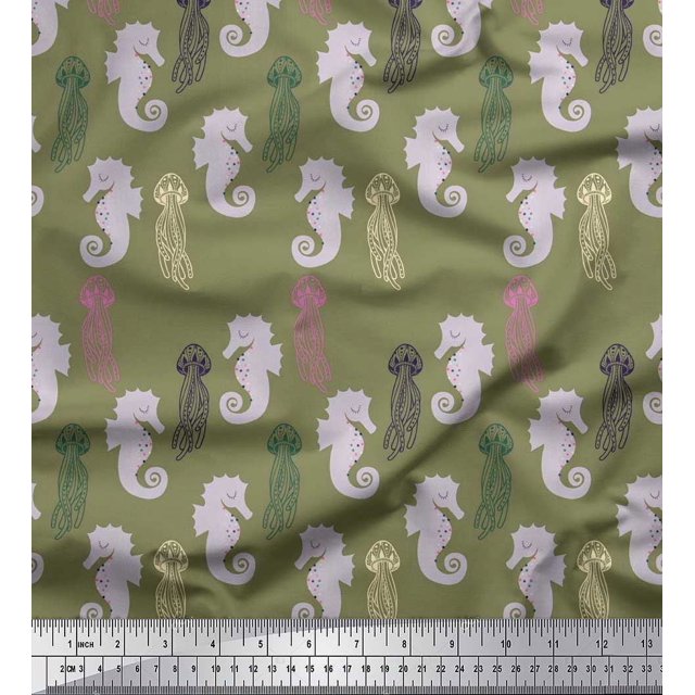 Soimoi Poly Georgette Fabric Jellyfish & Seahorse Ocean Print Sewing Fabric Yard 52 Inch Wide