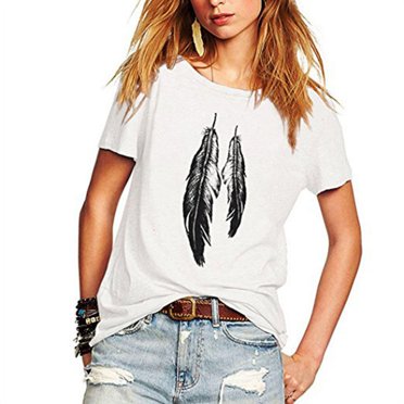 T-Shirt d'Été pour Femme Style de Rue à Plumes Imprimées T-Shirt à Manches Courtes Décontracté Ample Hauts pour Dame T-Shirts Juniors