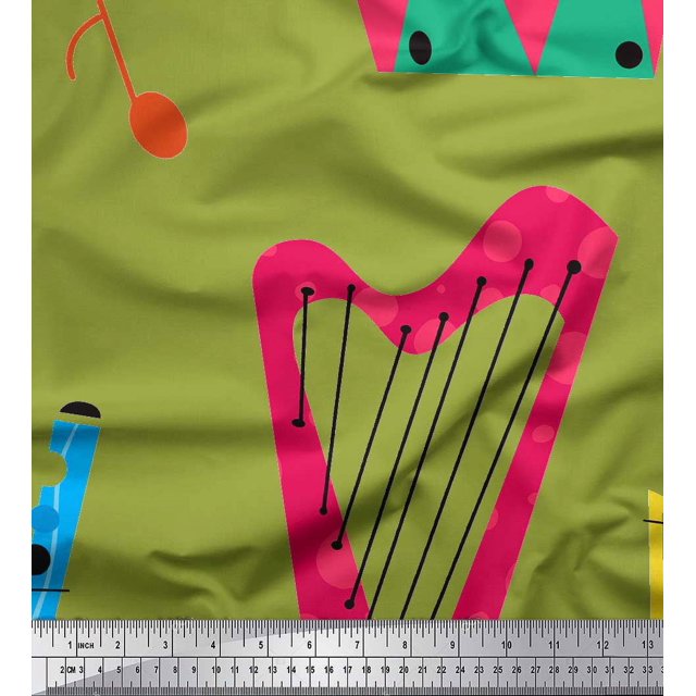 Soimoi Green Rayon Crepe Fabric Guitar & Xylophone Musical Instrument Print Sewing Fabric Yard 46 Inch Wide
