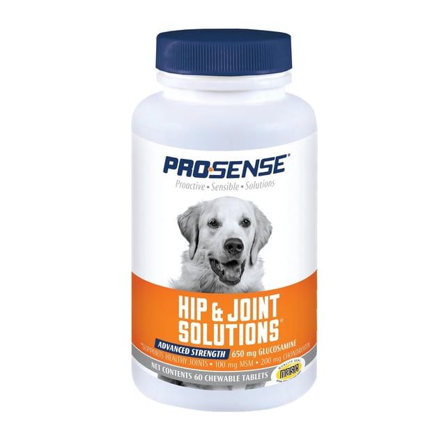 ProSense Joint Solutions Advanced Strength Glucosamine Tablets bottle with blue screw cap, containing 60 chewable tablets with 650 mg glucosamine, 200 mg chondroitin, and 100 mg MSM per tablet, formulated to support healthy hip and joint function for dogs of all sizes.