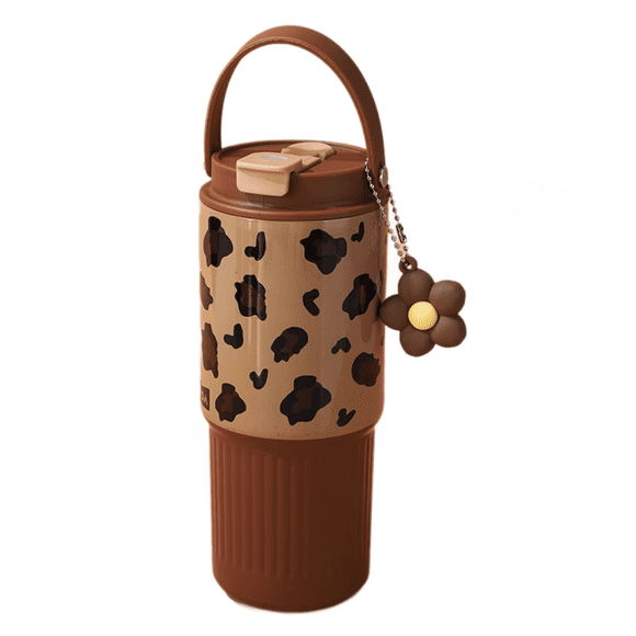 FTCBJJA 25 oz Acier Inoxydable Tumbler avec Couvercle 3-en-1 Étanche, Tasse à Café de Voyage avec Poignée Pivotante, Compatible avec Porte-Gobelet de Voiture, Pendentif Petal, Imprimé Léopard Brun