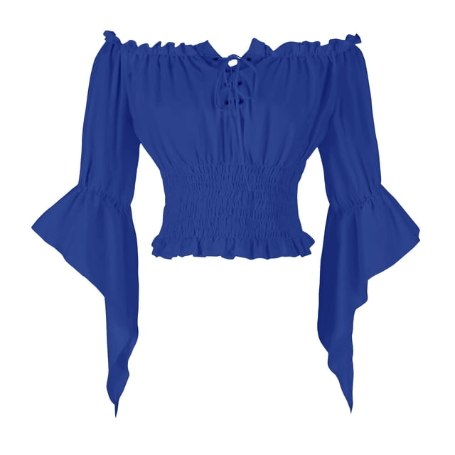 bbymog Womens Renaissance Peasant Blouse Off Shoulder Trumpet Sleeve Tops Blue XXL
