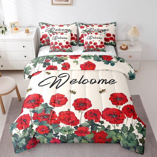 Red Farmhouse Flower Bedding Set Full Spring Bee Geranium 7 Piece Bed In A Bag Rustic Blossom Floral Comforter Set Green Leaf Bed Set With Comforter,Sheets Pillow Case And Covers
