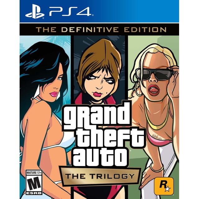 Grand Theft Auto: The Trilogy – The Definitive Edition (PS4) cover art featuring three stylized female characters in swimwear and casual clothing in three vertical panels behind the bold white Grand Theft Auto logo with The Trilogy subtitle, PlayStation 4 branding at the top, and Rockstar Games logo at the bottom right.