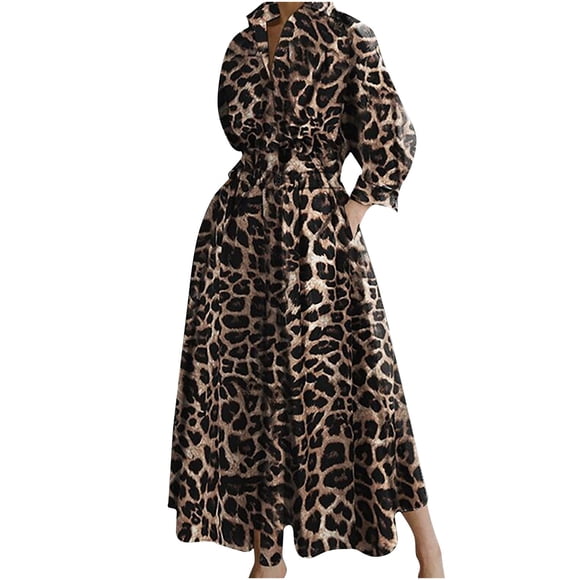 Mrat Short Dresses for Women 2024 Ladies' Temperament Commuting Lapel Collar Shirt Sleeve Loose Hem Dress Short Dresses for Graduation S-651 Khaki L