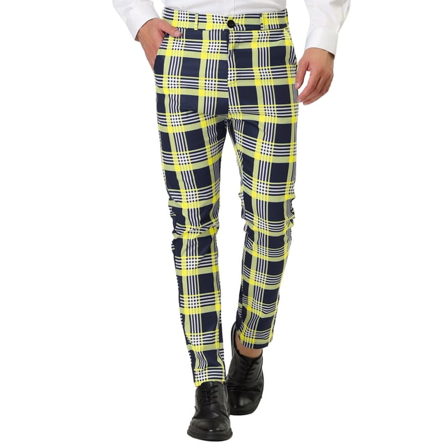 INSPIRE CHIC Men's Formal Color Block Slim Fit Flat Front Plaid Dress Pants 30 Navy Yellow