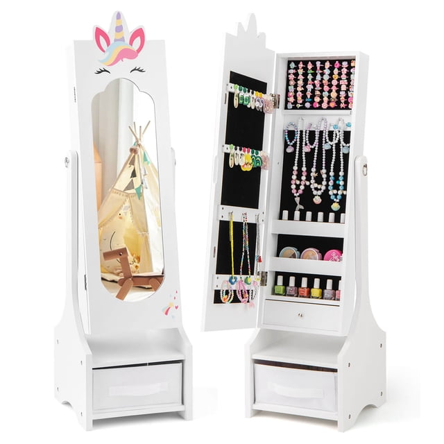 Costway Kids Jewelry Cabinet with Full-Length Mirror Drawer 2 Adjustable Tilt Angles White. This white MDF and glass jewelry armoire features a unicorn-shaped top and a full-length HD silver mirror with two adjustable tilt angles (90° and 94°). The interior includes 18 earring slots, 13 hooks for bracelets and necklaces, 64 ring slots, 3 storage shelves, 1 interior drawer, and 1 foldable fabric drawer. The cabinet has a stable base, anti-toppling device, and a magnetic catch for safety. Suitable for children over 3 years old, it combines functionality and a whimsical design, making it ideal for organizing jewelry, nail polishes, and toys.