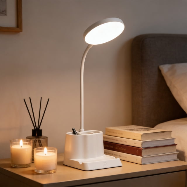 LED Desk Lamp for and College Dorm, Eye-Caring Reading Light with 3 Color Modes, Dimmable, Rechargeable USB, Flexible Gooseneck, Pen Holder and Phone Stand for Study and Bedside