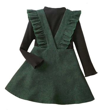 HNMKIU Ensembles de Pantalons pour Fille Tout-Petits Filles Manches Longues Couleur Unie Volants Hauts Côtelés Jupe à Bretelles Tenue Deux Pièces
