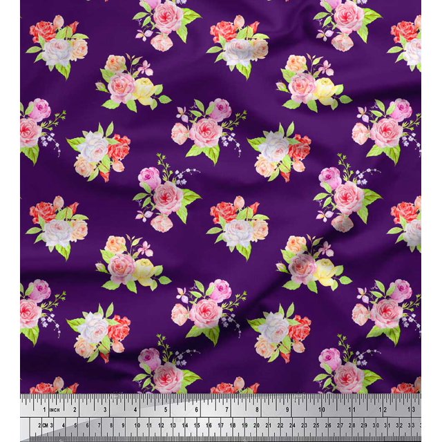 Soimoi Purple polyester Crepe Fabric Leaves & Grandiflora Roses Floral Printed Craft Fabric by the Yard 52 Inch Wide